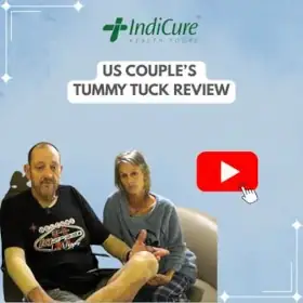 A headshot of an American couple, Jonathan and Darlene, seated together. The image promotes their review of a tummy tuck procedure with IndiCure.